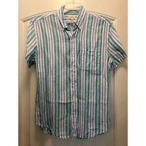 J.Crew Men’s Short Sleeve Irish Linen Striped Button Front Shirt Sz L Green Blue